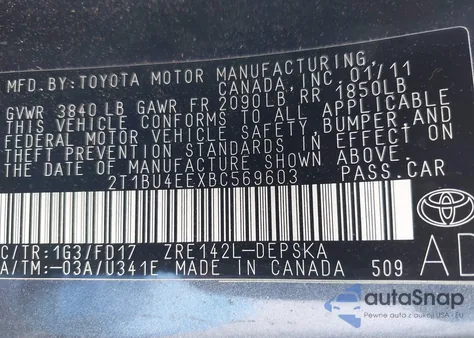 2011 Toyota Corolla S from USA, damaged, VIN 2T1BU4EEXBC569603